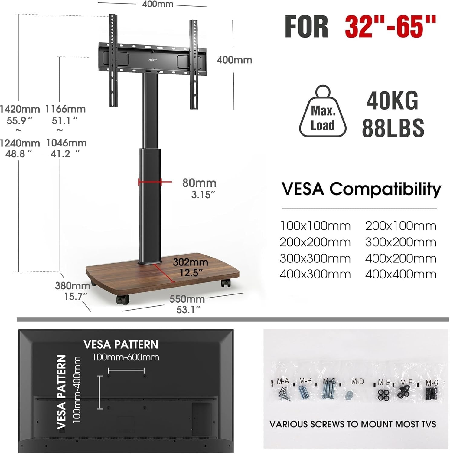 Mobile TV Stand with Wheels | Adjustable Height 32-65” TVs | Swivel Tilt