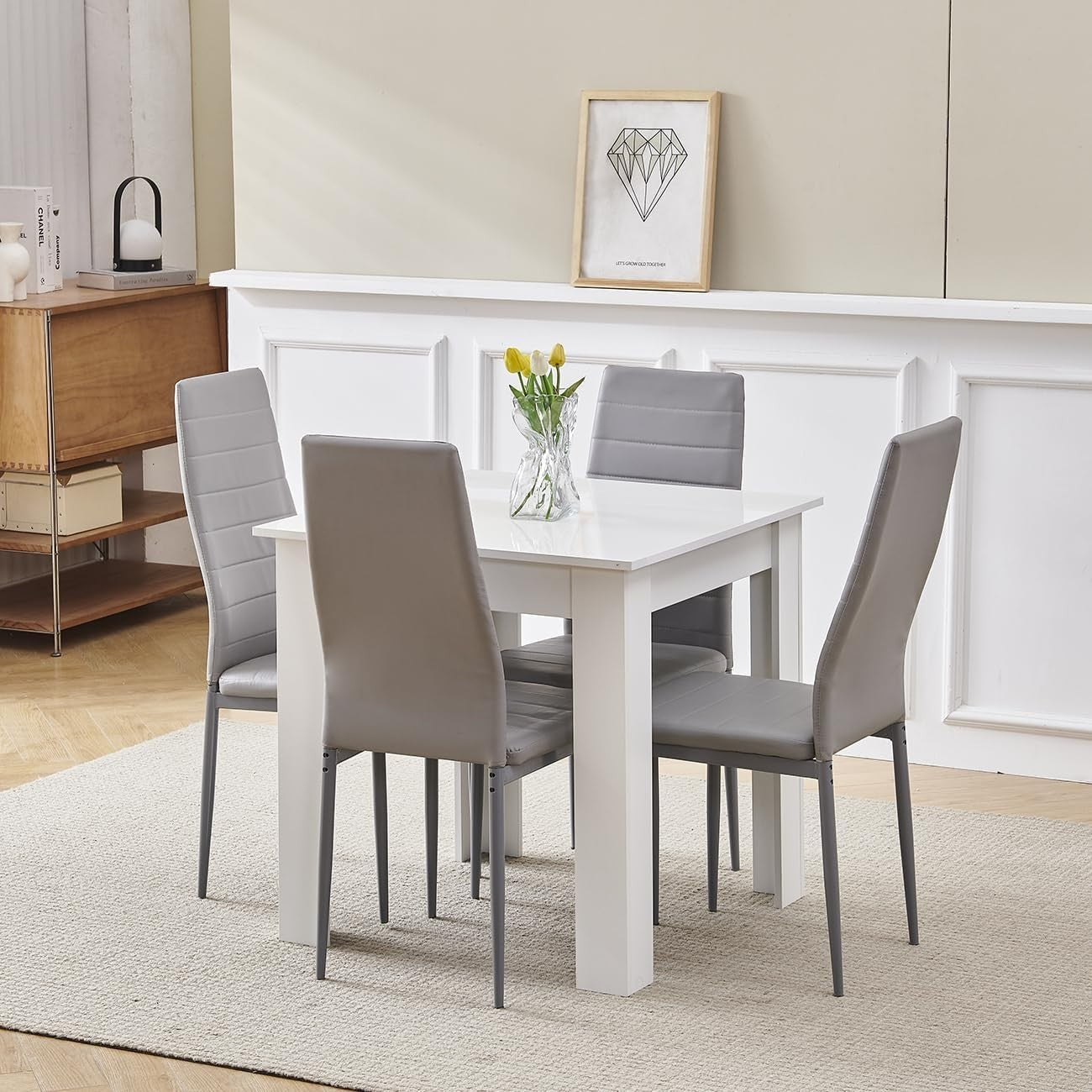 Space-Saving 3-Piece Modern Dining Set | White Table + Grey PU Chairs | Compact