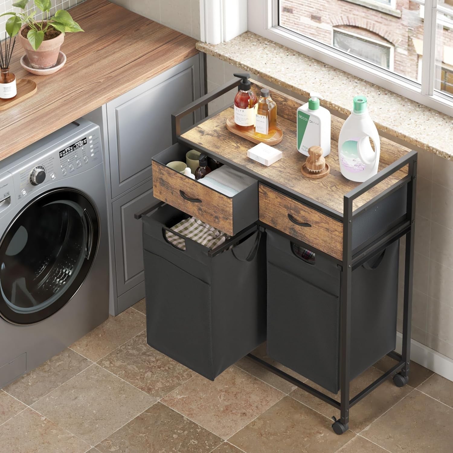 2 Section Laundry Hamper with Drawers 100L Sorter Wheels Rustic Brown Black