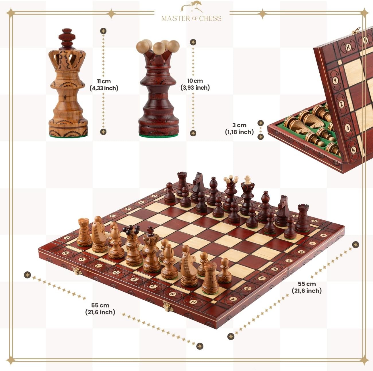 54cm Luxury Wooden Chess Set – Handcrafted Cherry Board & Carved Pieces