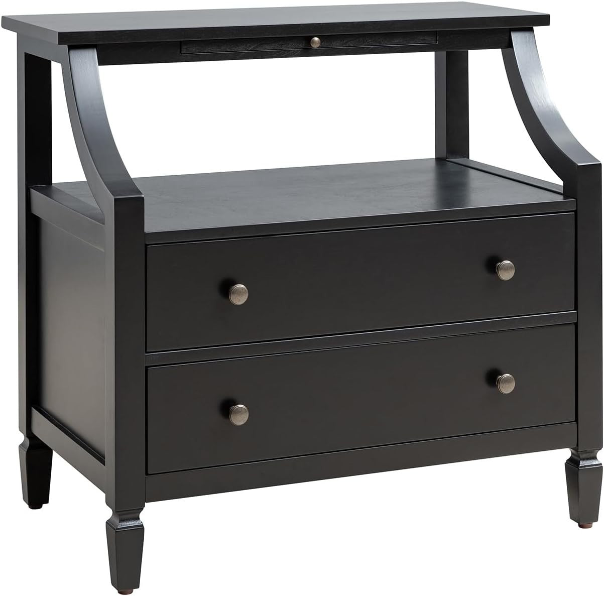 Modern Black Bedside Table with 2 Drawers & Open Shelf, Solid Wood Legs