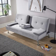 Grey Velvet Sofa Bed 3 Seater Fold Out Couch w/ Cup Holders & Armrests