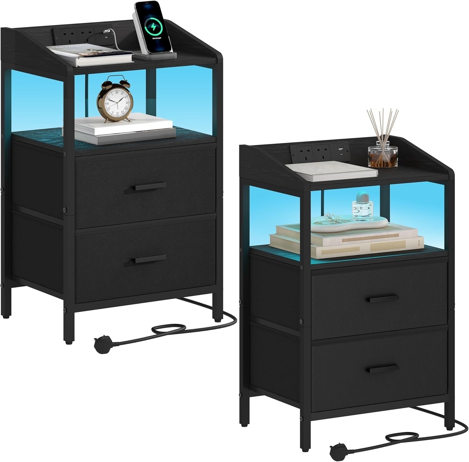 Black Bedside Table with USB Type-C Charging Ports & 2 Drawers