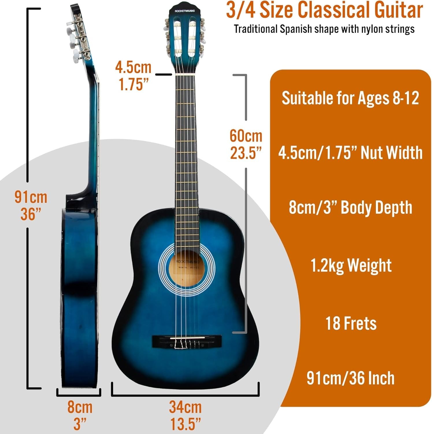 3/4 Size Junior Classical Guitar Starter Pack Blue Kids Kit