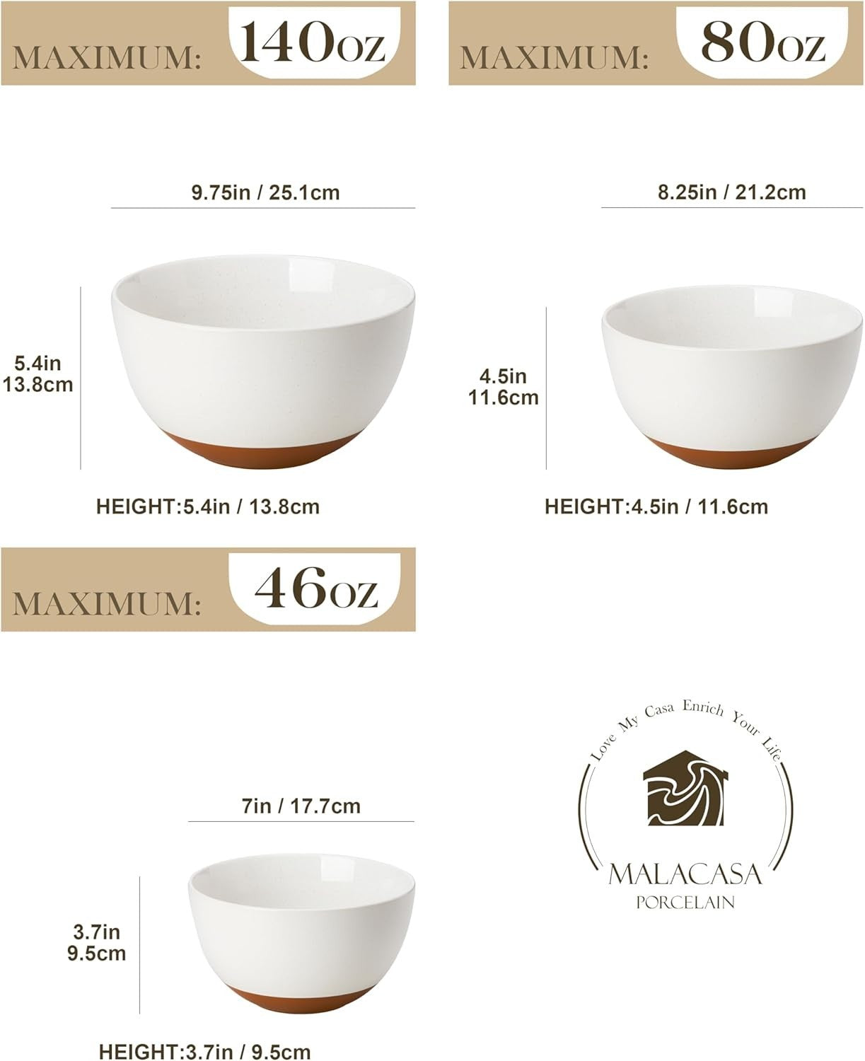 Ceramic Mixing Bowls Set of 3 46/80/140oz Microwave & Oven Safe