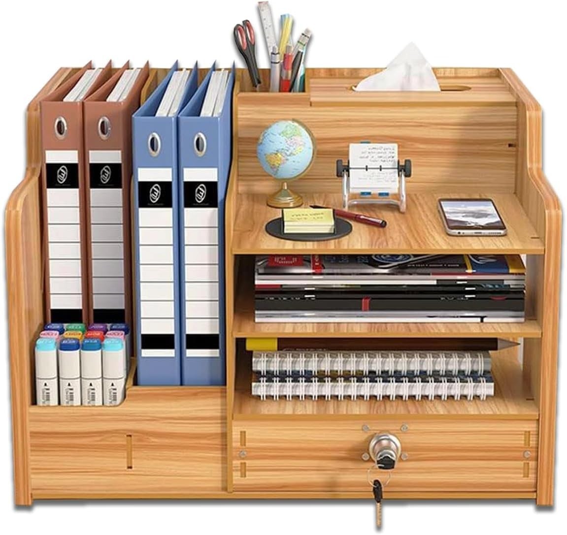 Wood Desk Organiser with Drawer 9-Compartment Desktop Storage Brown