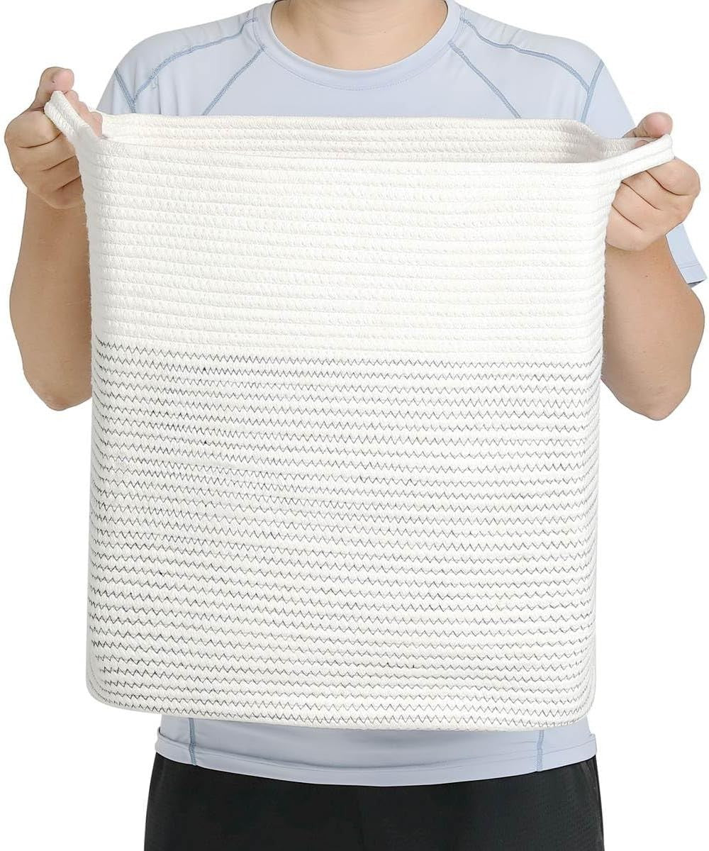 80L Tall Woven Cotton Laundry Basket with Handles Large Rope Hamper White