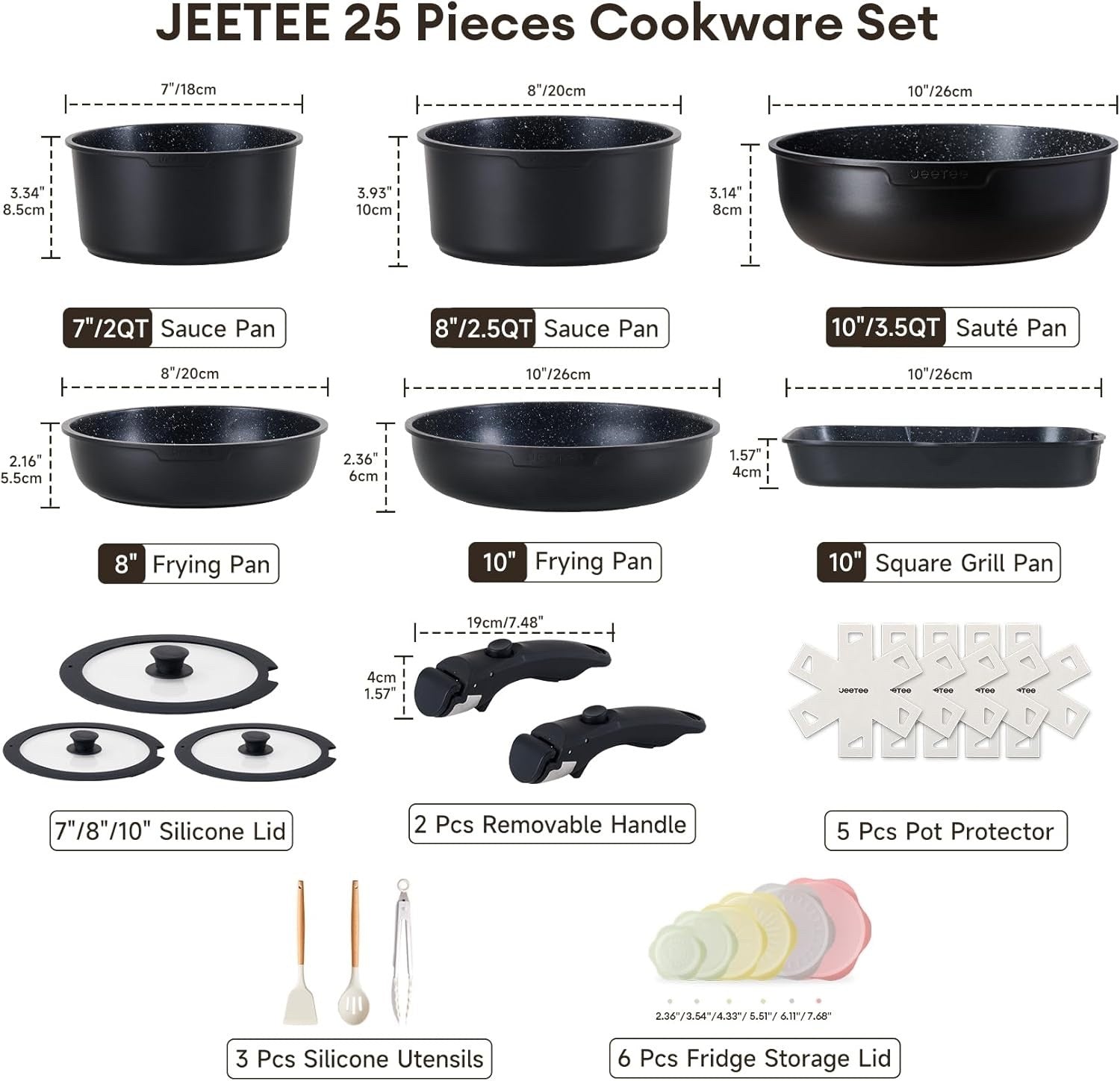 25pcs Black Non Stick Cookware Set Induction Pots & Pans with Detachable Handles