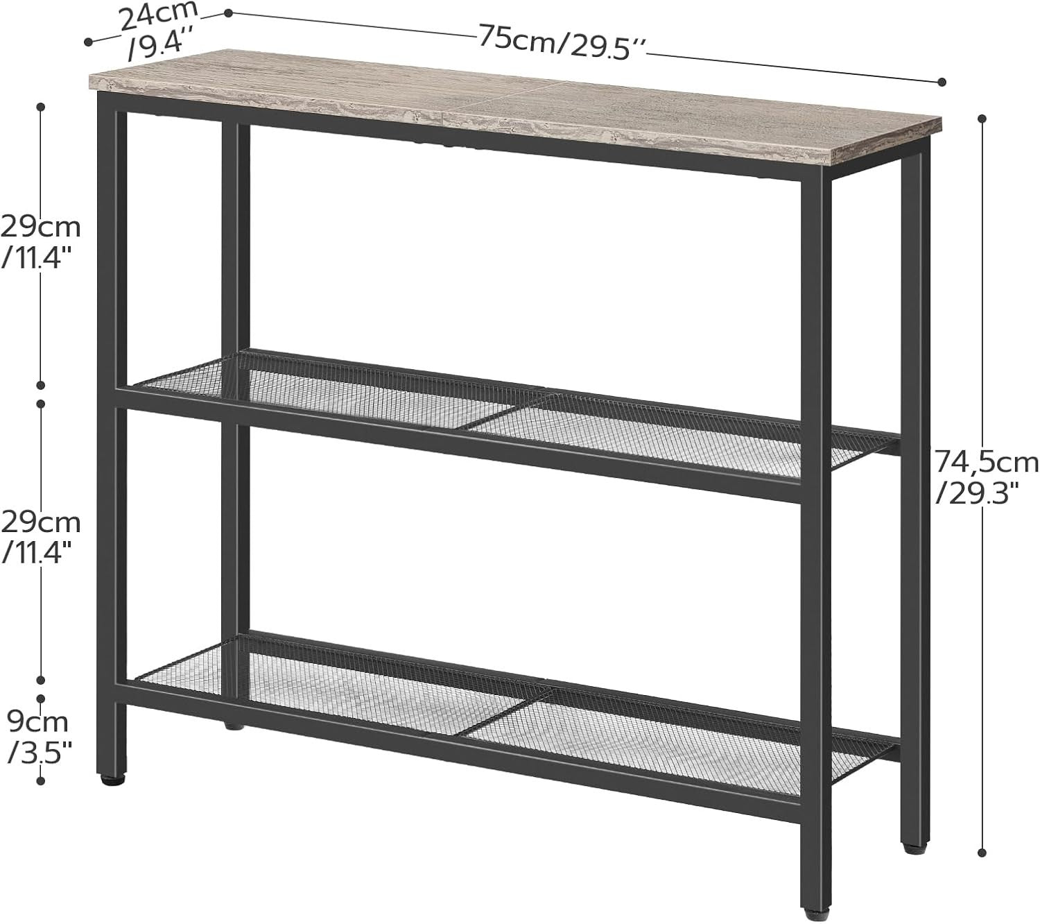 Slim 3-Tier Console Table 75cm Wide Storage Shelf Metal Frame for Small Spaces