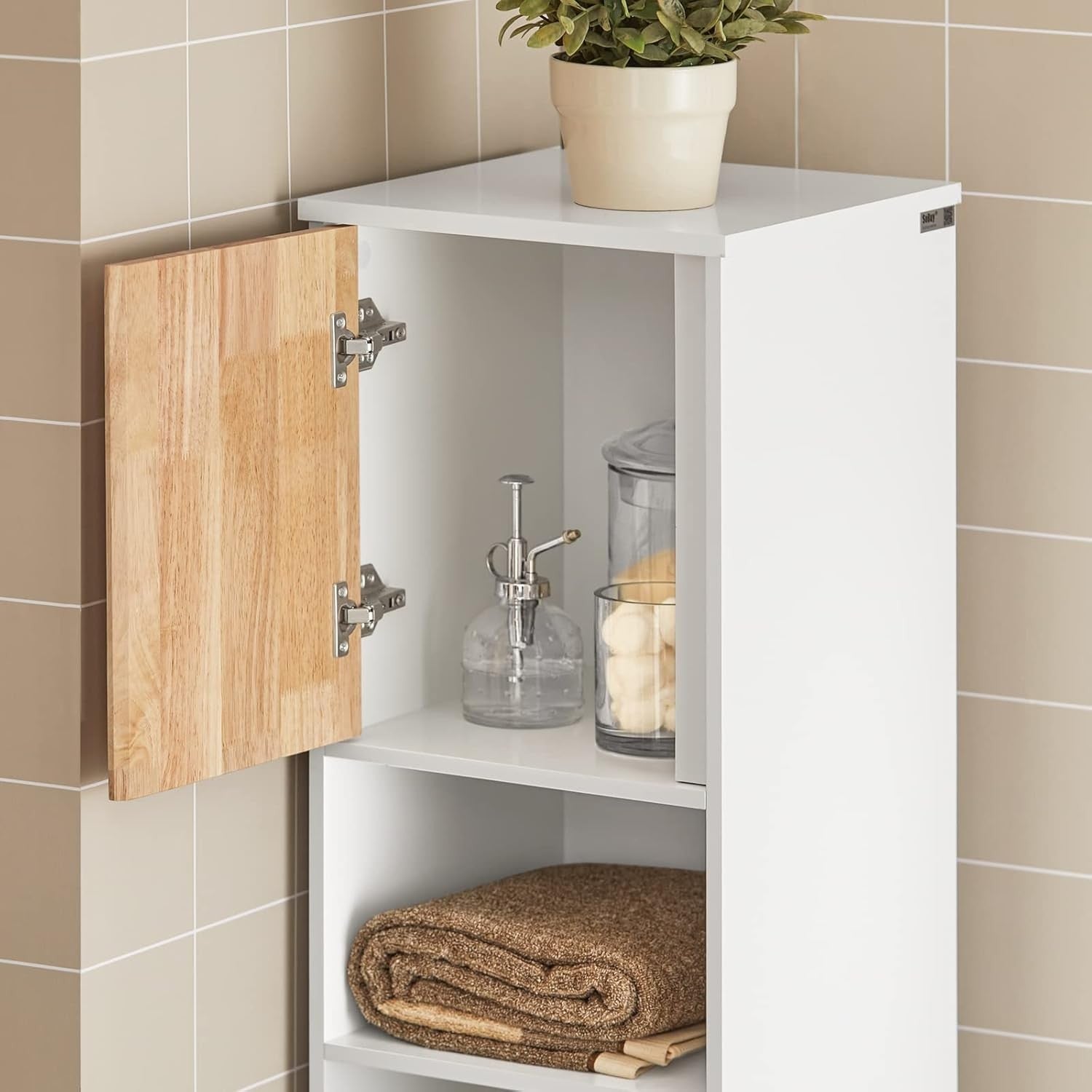 Tall Bathroom Storage Cabinet with Fold-Out Laundry Basket White 31×32×170cm