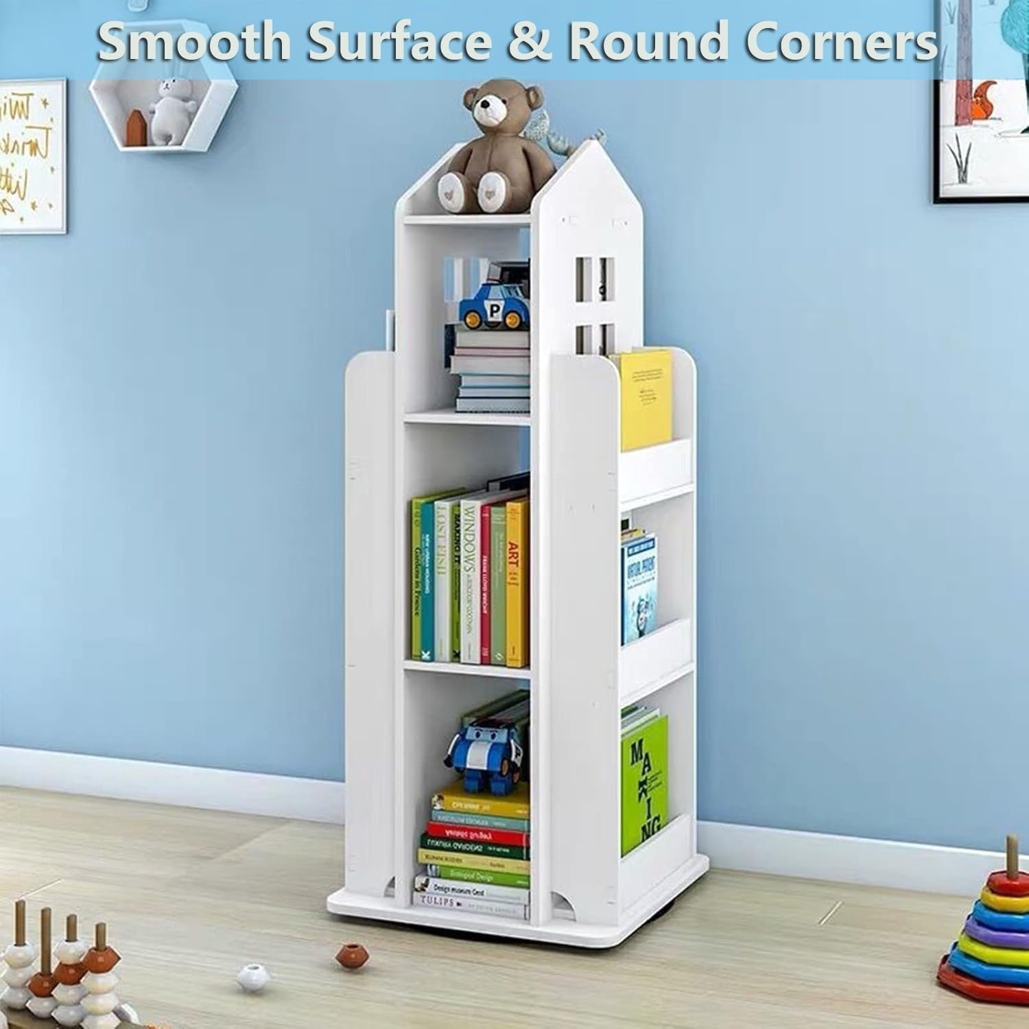 360° Rotating 3-Tier Kids Bookshelf – House Shape, Space Saving Storage