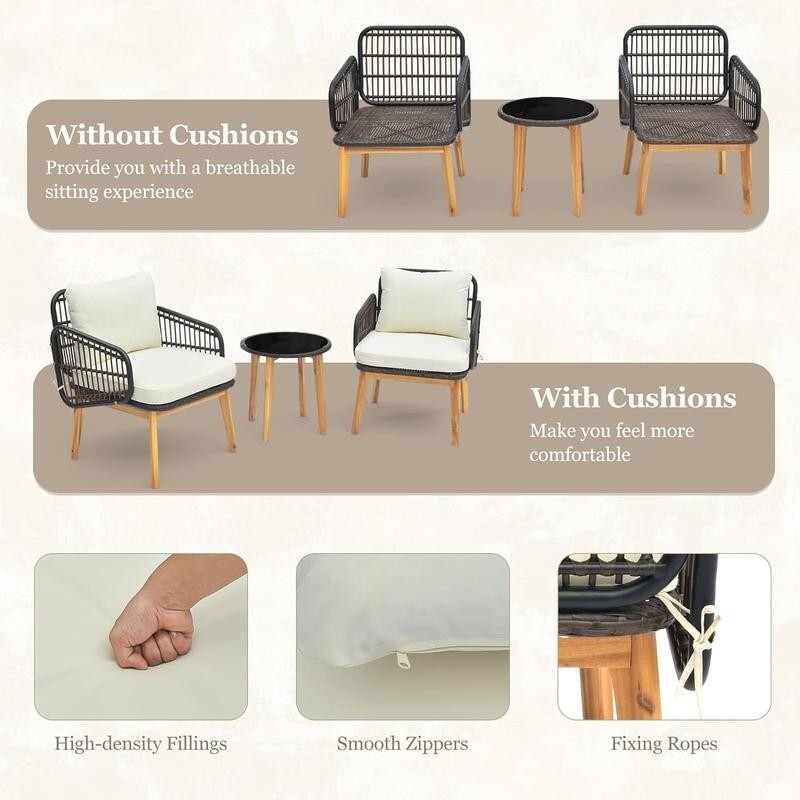3pc Rattan Bistro Set Garden Chairs & Glass Table with Wood Legs Outdoor