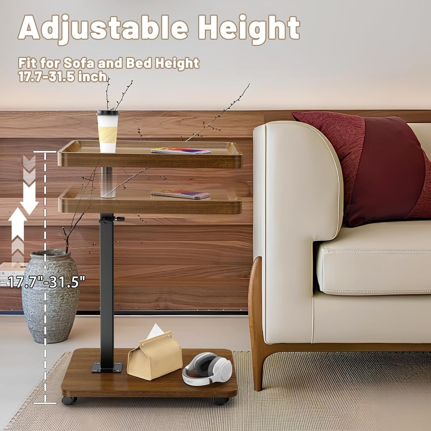 Adjustable C-Shaped Side Table with Wheels 360° Swivel Tray Walnut