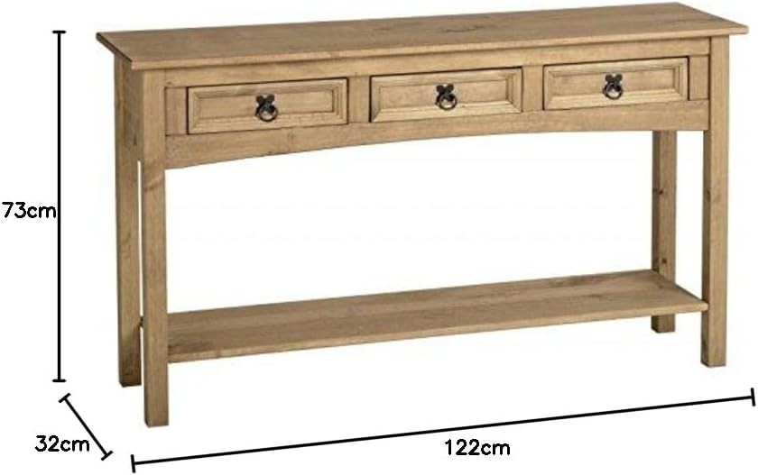 Solid Pine Wood Console Table with 3 Drawers & Shelf – Rustic Storage, Durable