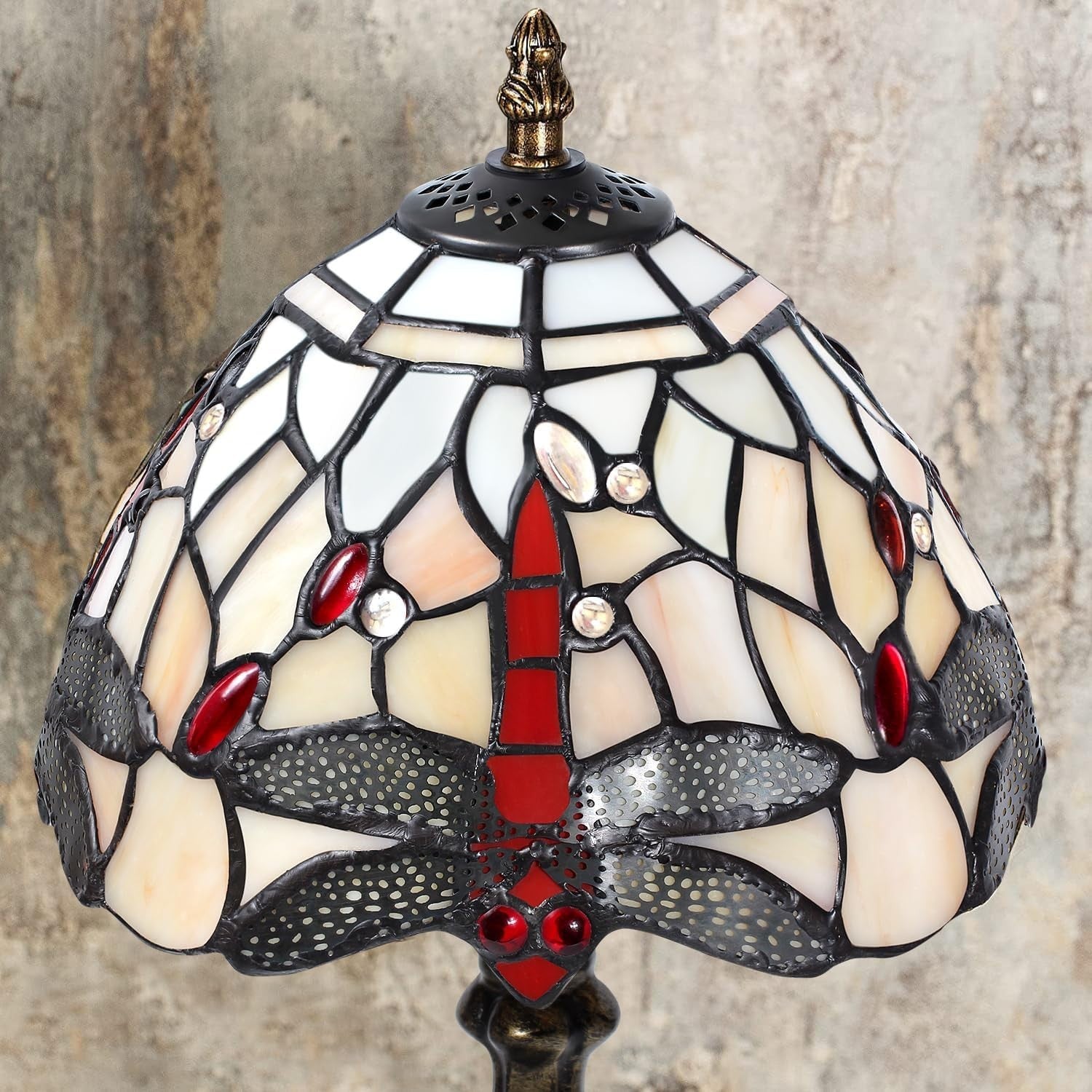 Antique Stained Glass Table Lamp Dragonfly Design Warm LED Light
