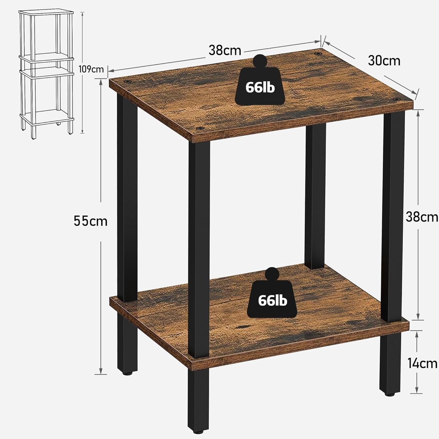 2 Tier Bedside Table with Storage Shelf Small Side Nightstand 30x40x55cm