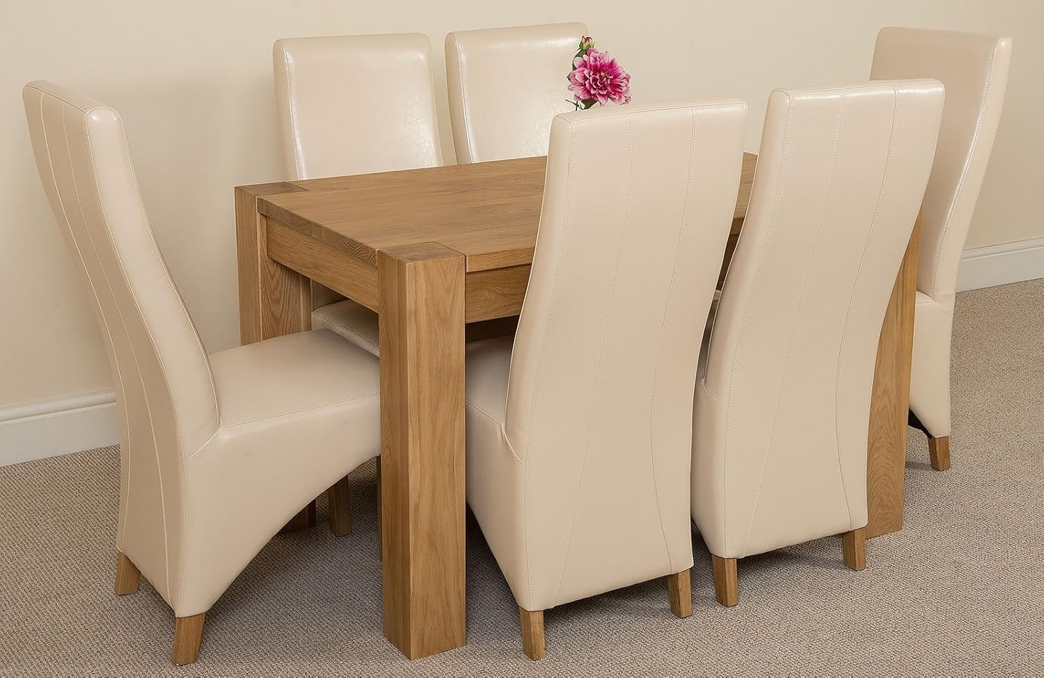Oak 6-Seater Dining Table & Chairs Set – Small, Durable, Ivory Leather Seats