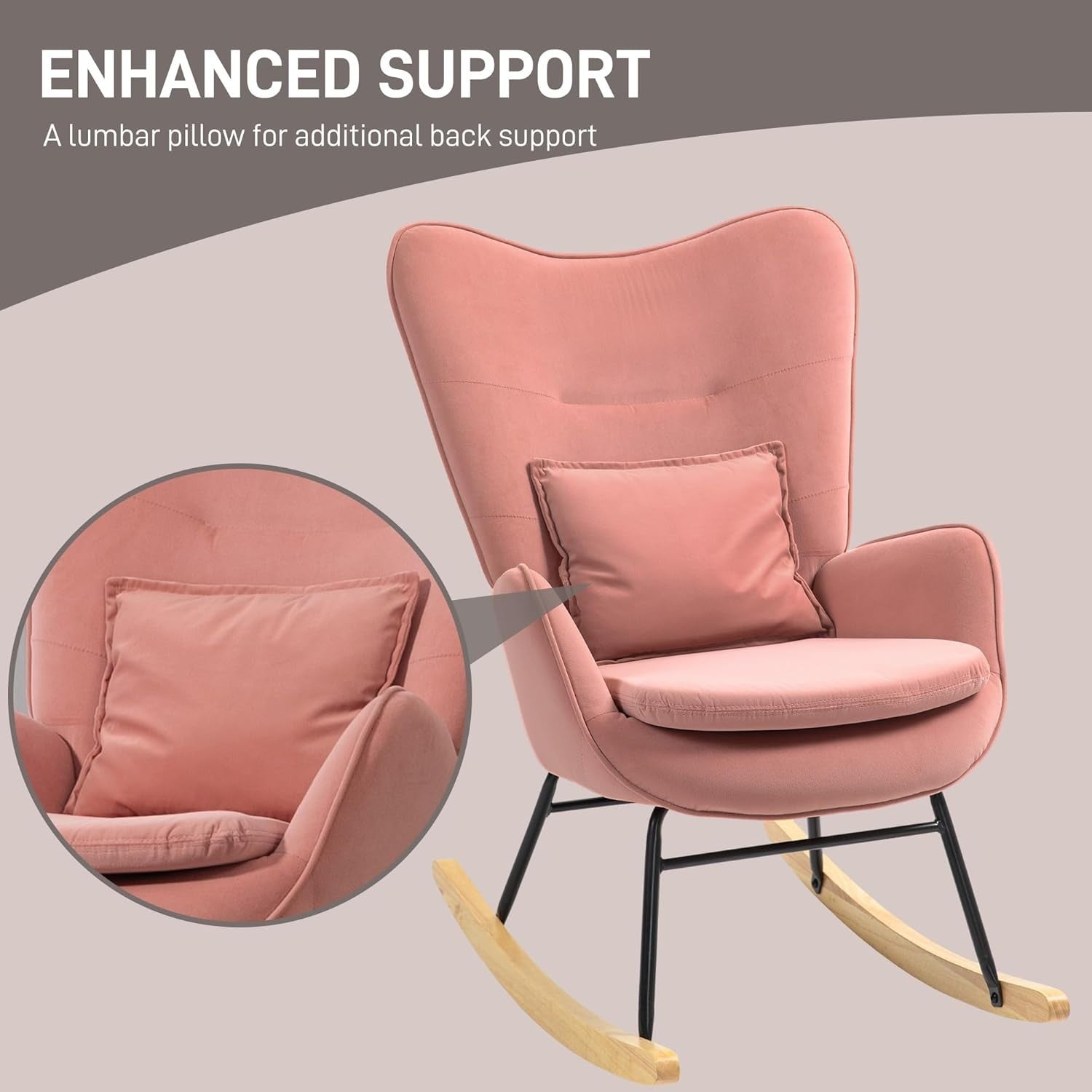 Velvet Rocking Chair with Lumbar Pillow, Wooden Rocker & Metal Legs - Pink