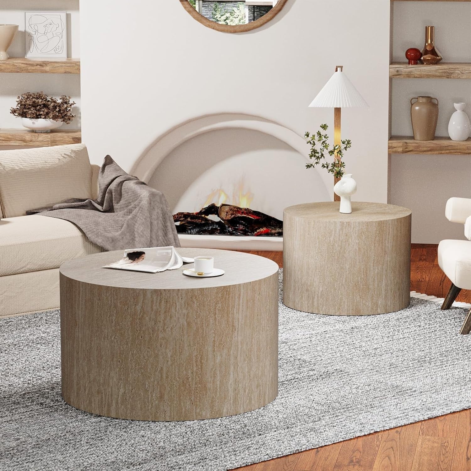 Round Nesting Coffee Table Set of 2 Modern Wood Side End Tables Living Room Beig