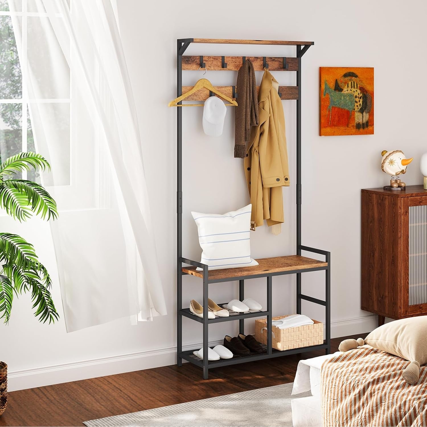 Rustic Brown Industrial Coat Rack with Shoe Bench | 9 Hooks Hall Tree Stand