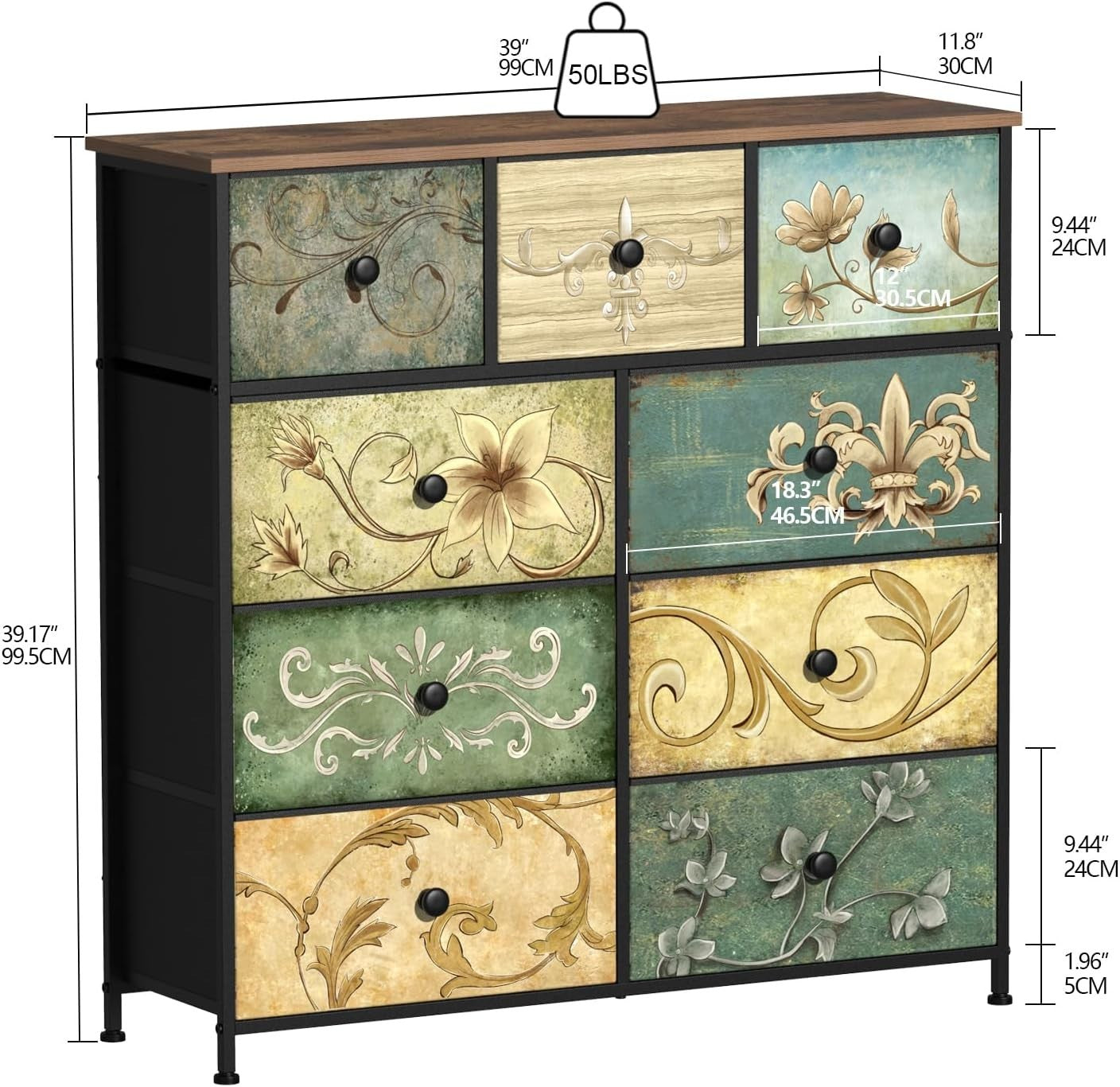 Retro Floral Pattern 9-Drawer Dresser Chest for Bedroom Nursery Storage