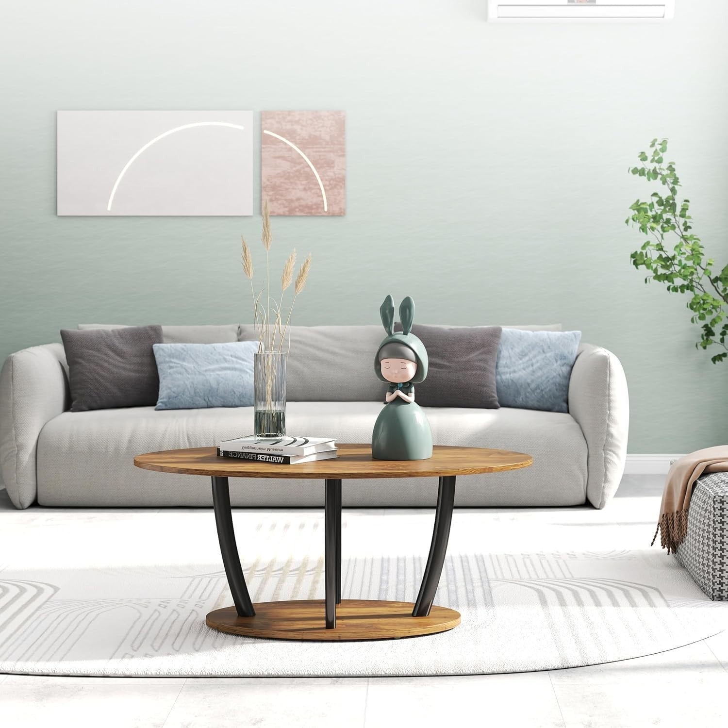 Oval 2-Tier Coffee Table Rustic Brown with Storage Shelf, Modern 100x55cm