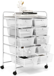 10 Drawer Rolling Storage Cart Clear Organizer Trolley with Wheels