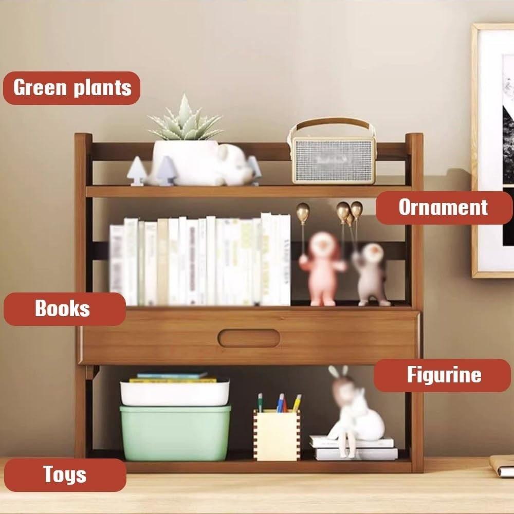 3-Tier Bamboo Desktop Hutch Bookshelf Organizer w/ Drawer 50cm
