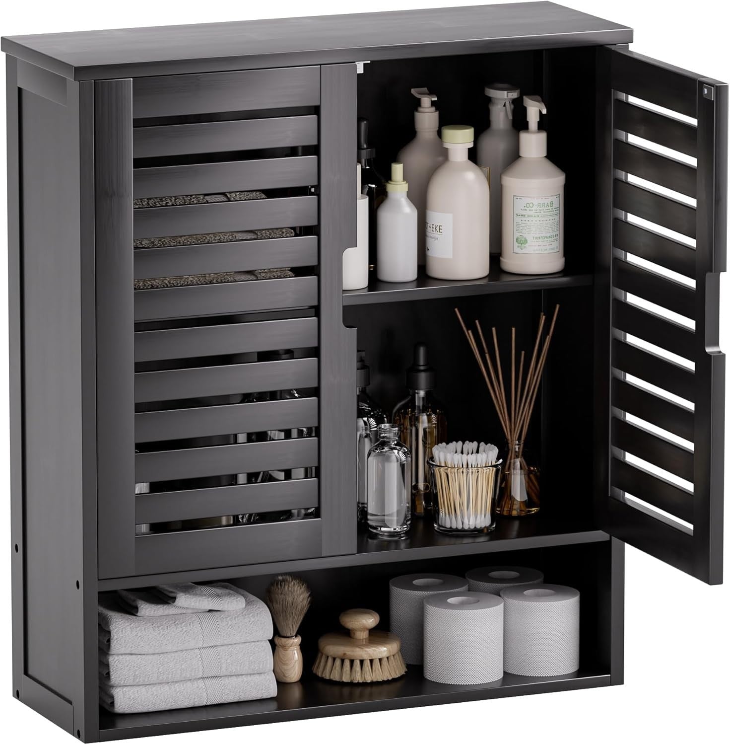 Black Bathroom Wall Cabinet – Over Toilet Storage, 2 Doors, Adjustable Shelves