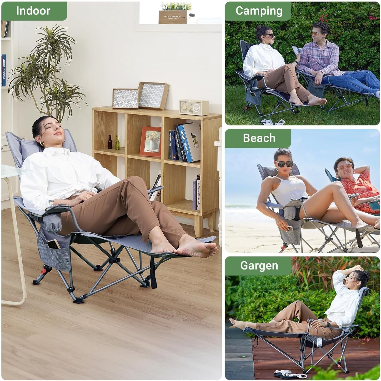 2x Padded Reclining Folding Camping Chairs Footrest Cup Holder Black