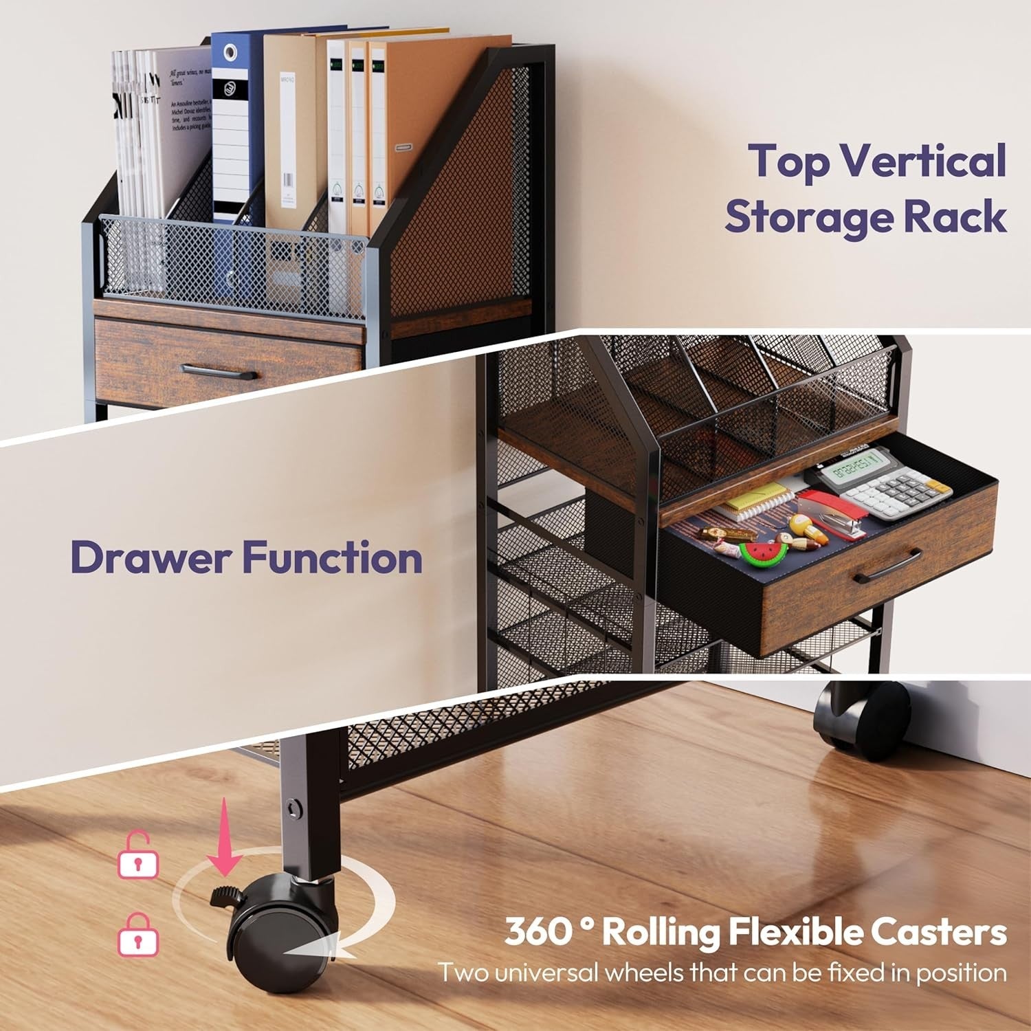 9-Tier Rolling File Cart with Drawer & Trays – Mobile Desk Organizer