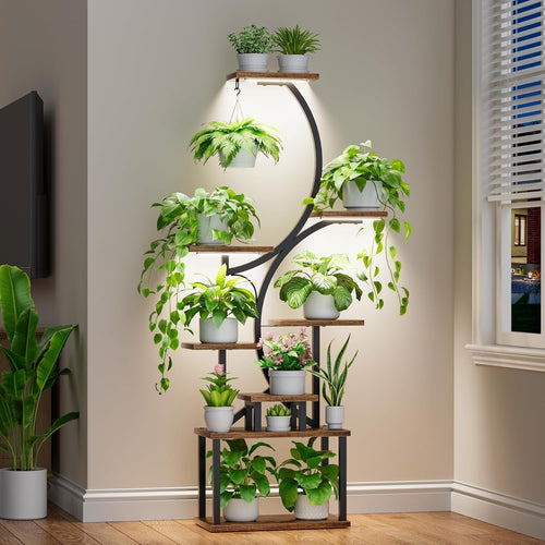 8 Tier Metal Plant Stand with Grow Lights Indoor Outdoor Flower Shelf 157cm