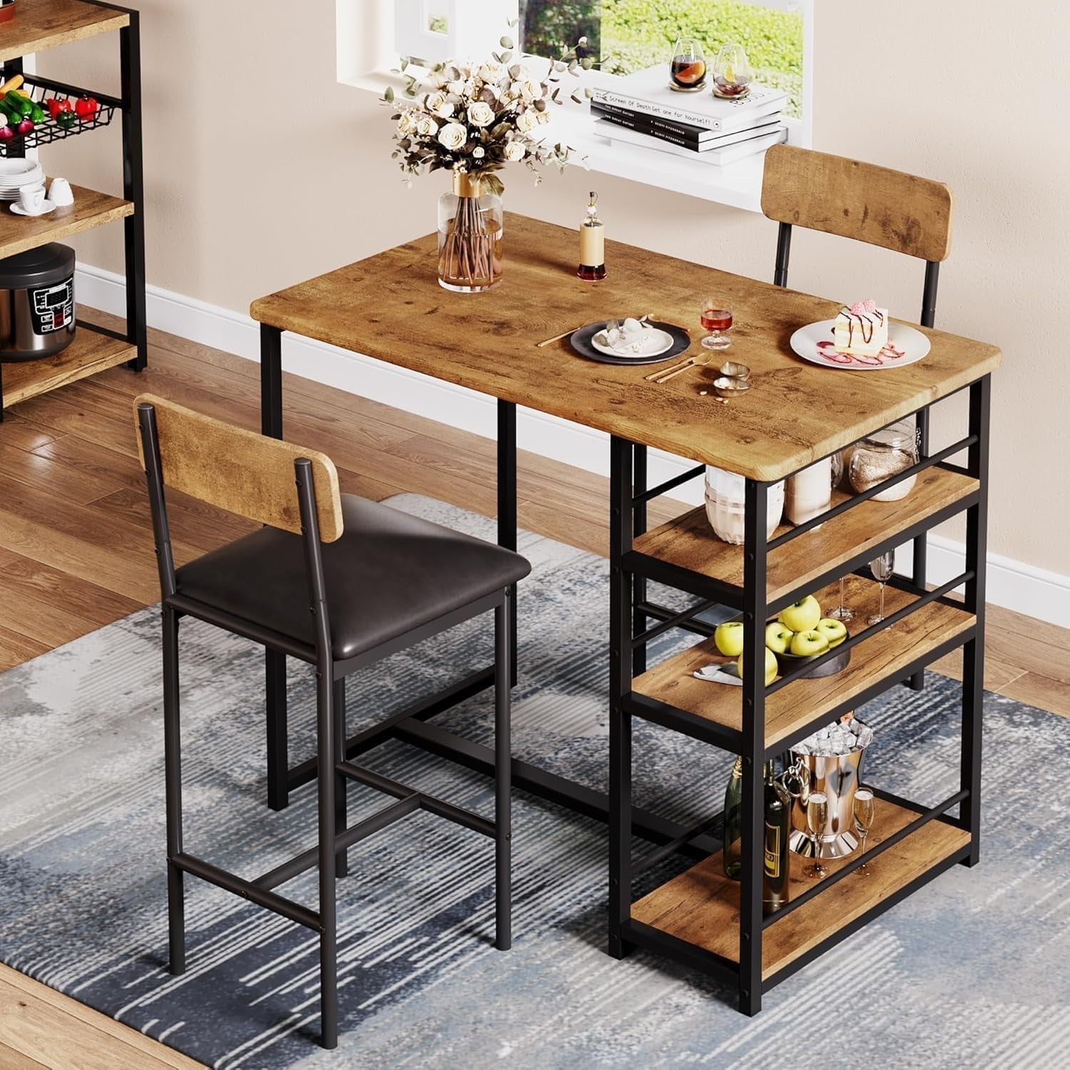 2-Seater Dining Table Set Chairs & 3-Tier Storage Shelves, Rustic Brown Bistro