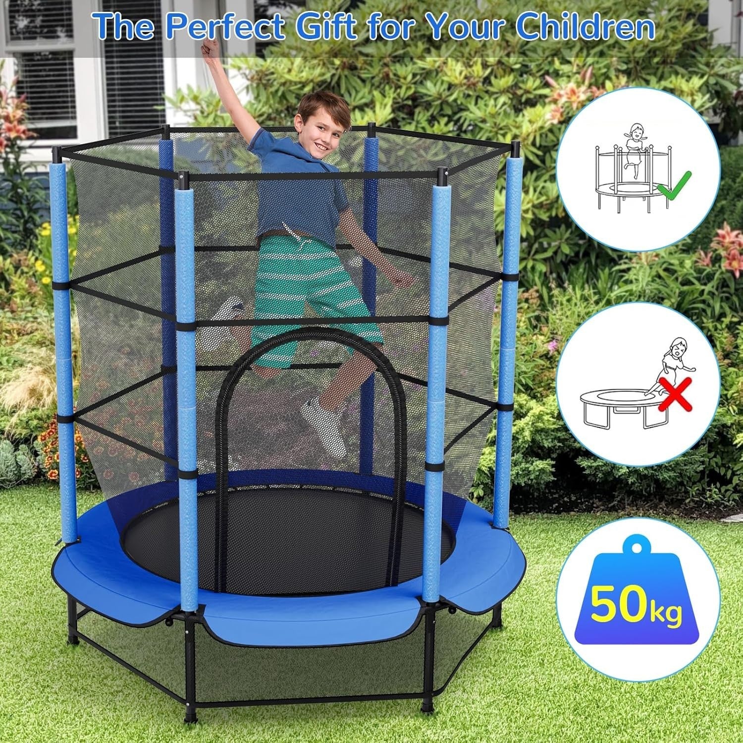 55” Kids Trampoline Indoor Outdoor Safety Net Floor Guard Ages 3–10