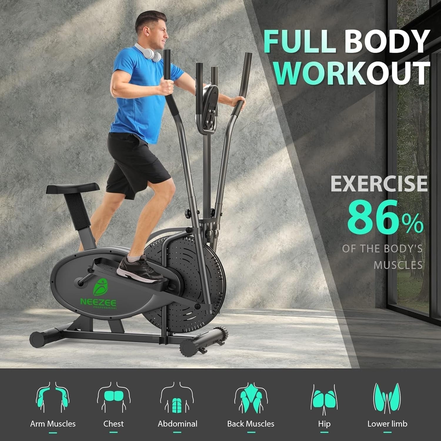2-in-1 Elliptical Cross Trainer & Exercise Bike w/ LCD Monitor, Adjustable Res