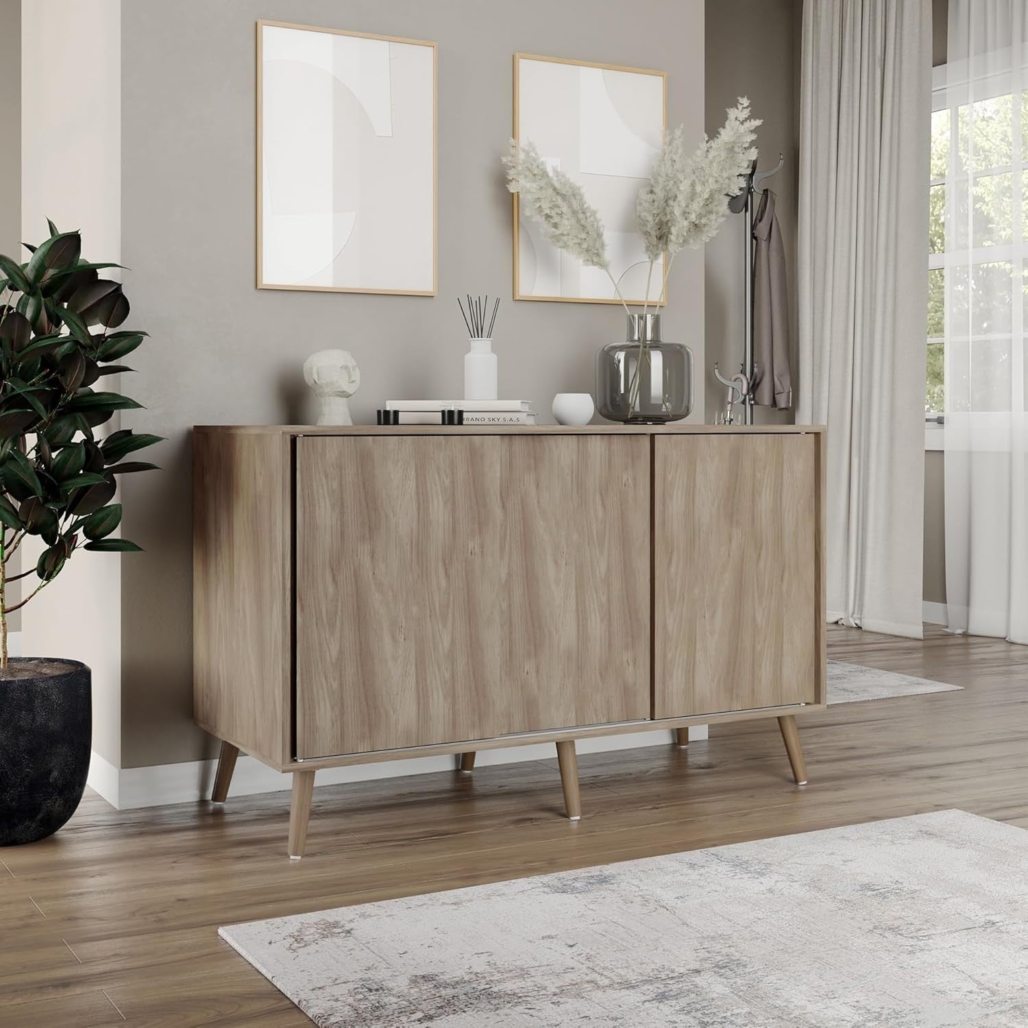 3-Door Sliding Sideboard Cabinet with Wooden Legs Storage Cupboard Modern Home