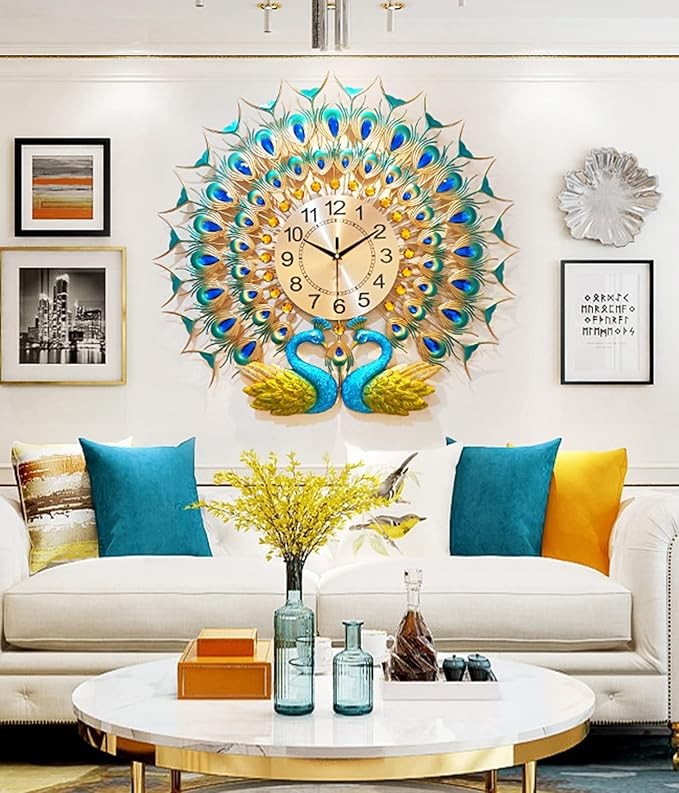 Large Peacock Wall Clock Metal Art 70cm Silent Non-Ticking Luxury Home Decor
