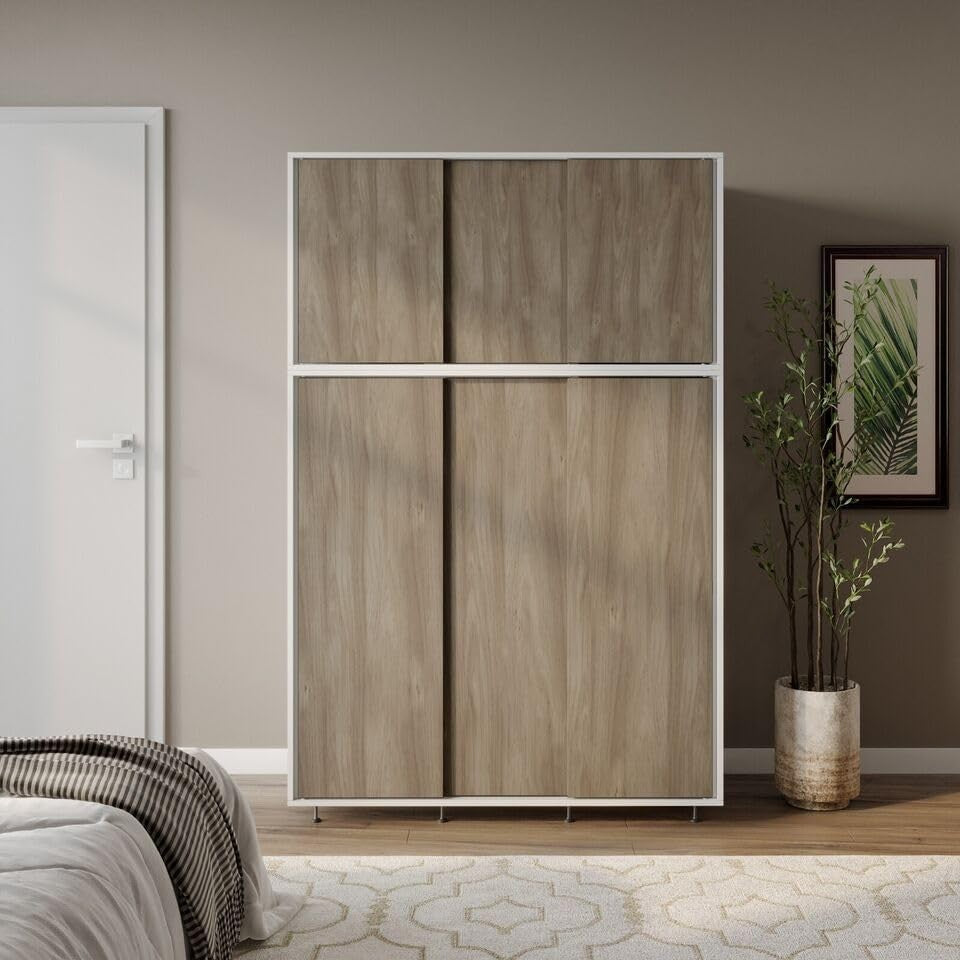 6-Door Oak Sliding Wardrobe | Modern Spacious Bedroom Storage Closet
