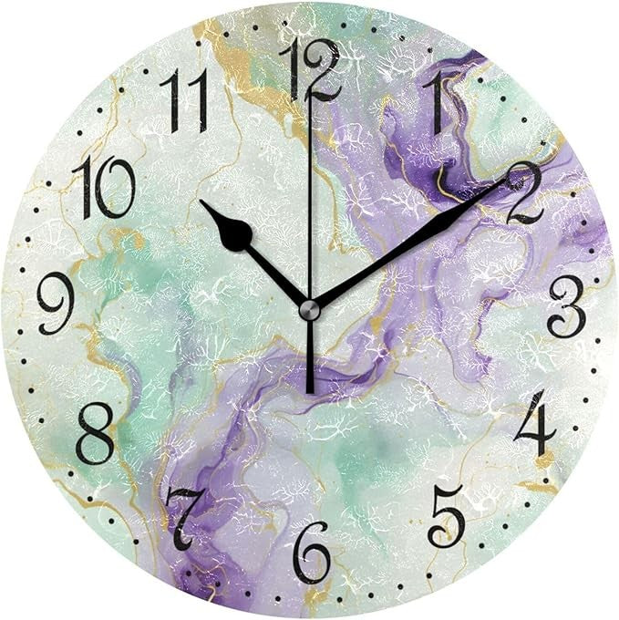 Purple Green Gold Marble Wall Clock 25cm Silent Non-Ticking Modern Home Decor