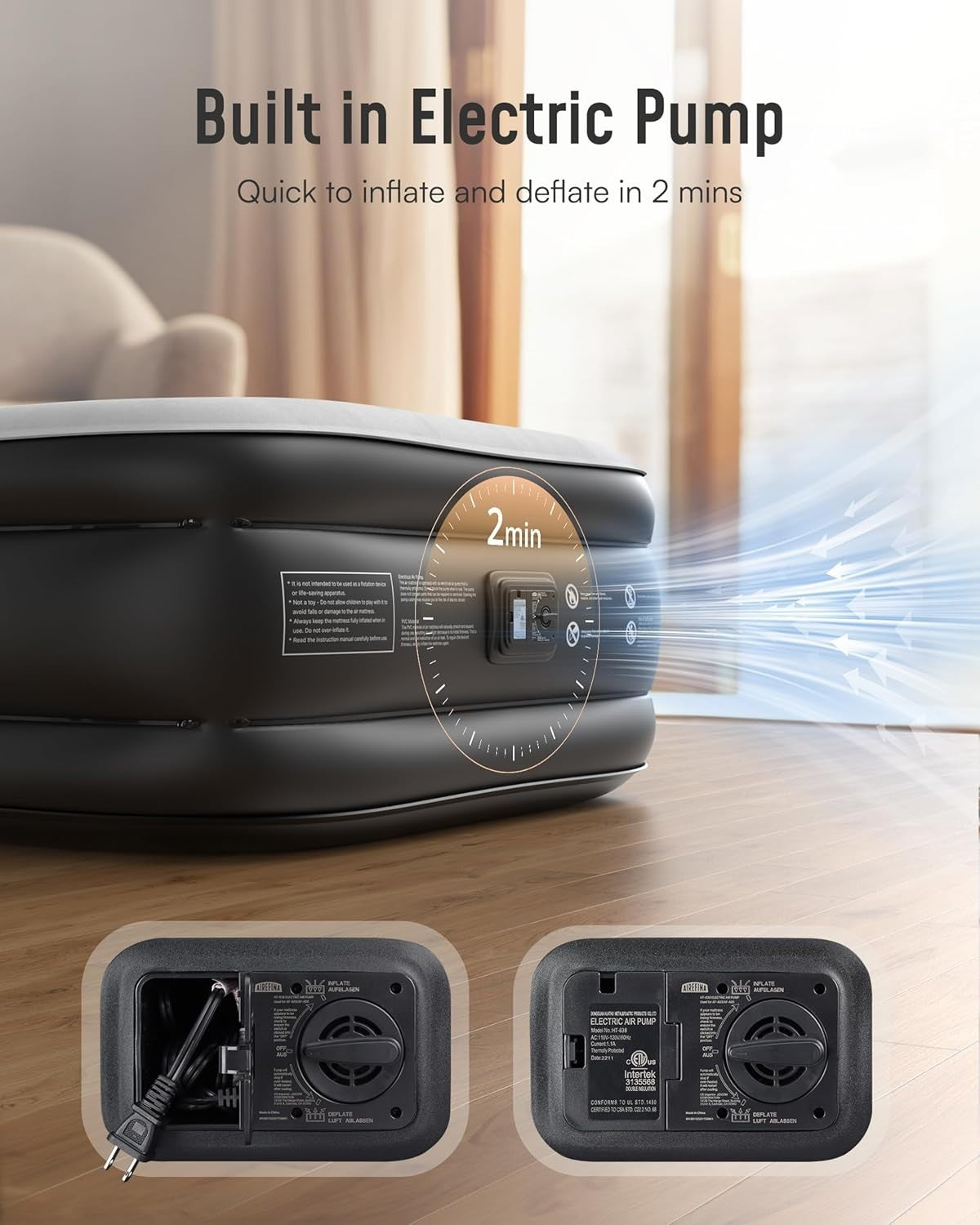 Single Size Air Mattress Inflatable Bed Built-in Pump Fast Inflation
