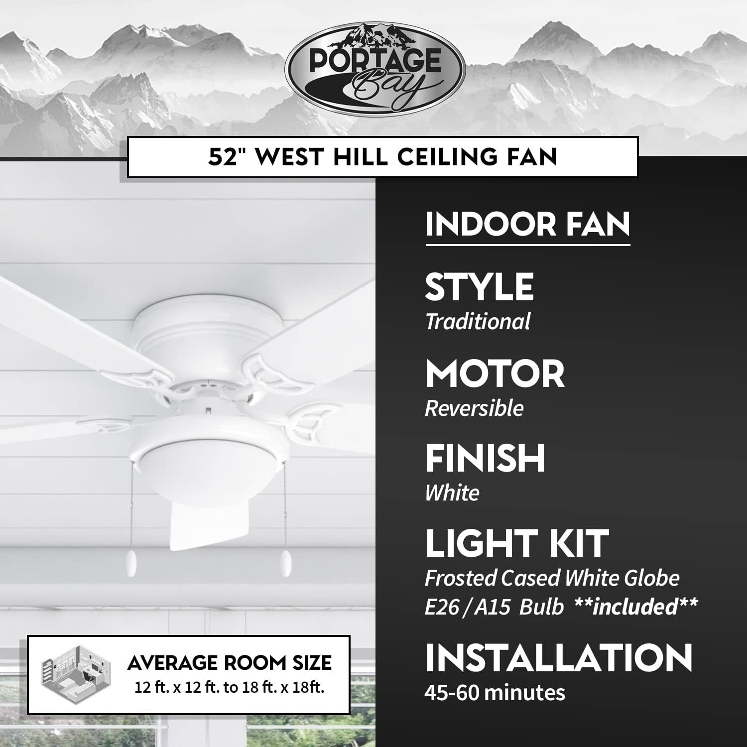 Portage Bay 52" Hugger Ceiling Fan with Light, Reversible Blades, White