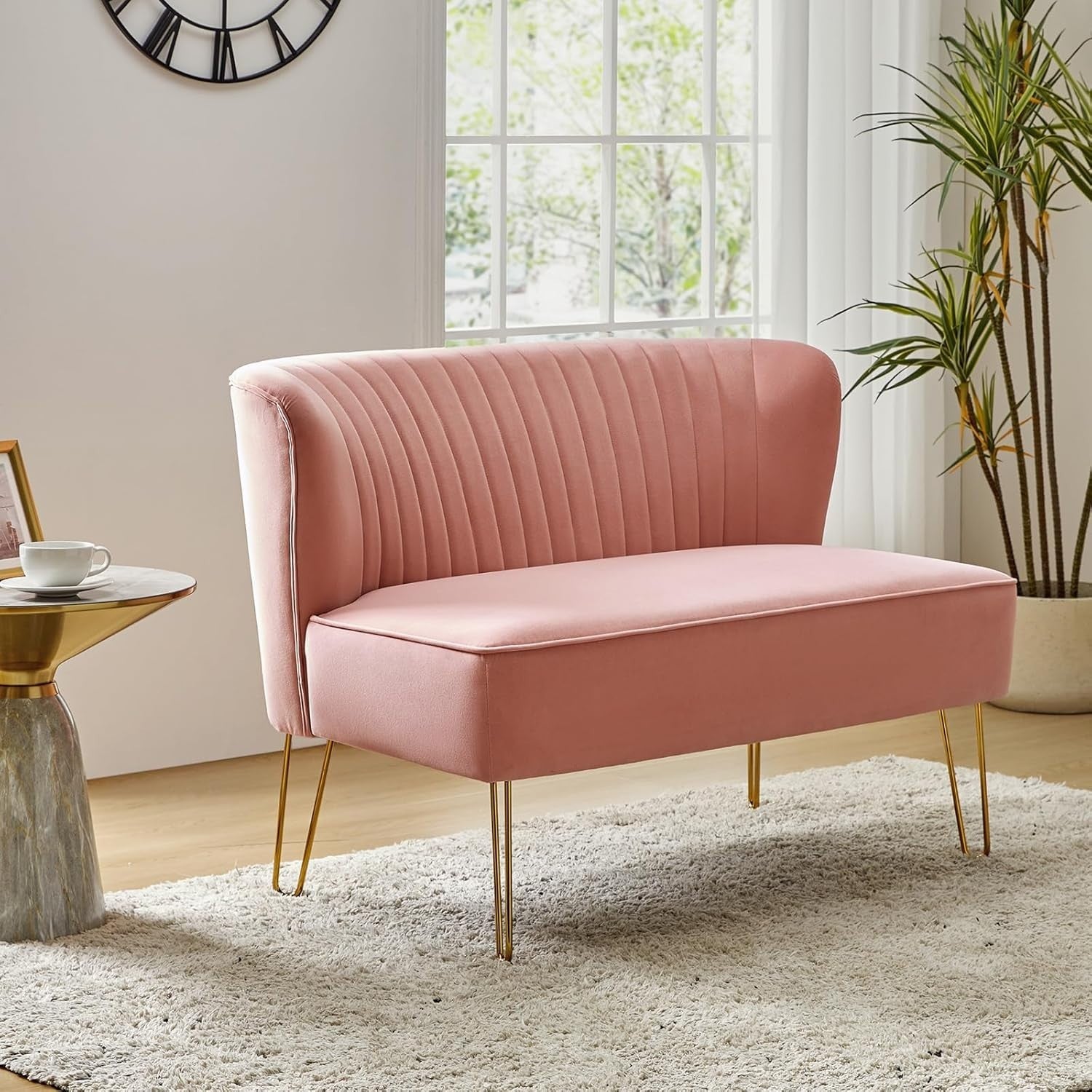 Pink Velvet 2 Seater Sofa with Gold Legs Compact Loveseat for Lounge Flat