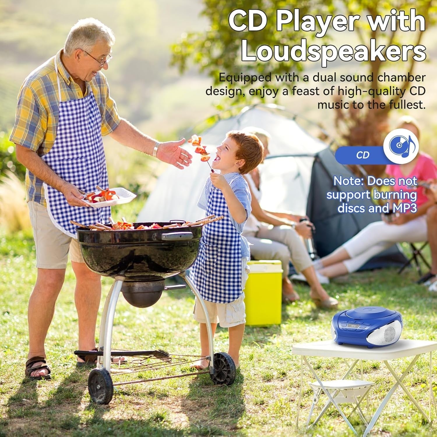 Portable CD Player Boombox Speakers FM Radio AUX Headphone Jack Blue