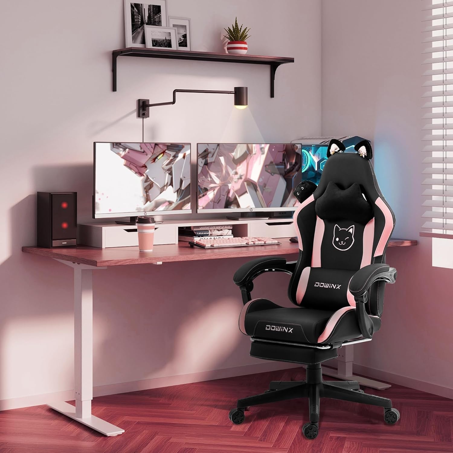 Cute Cat Ear Gaming Chair Massage Lumbar Footrest 290lbs Black