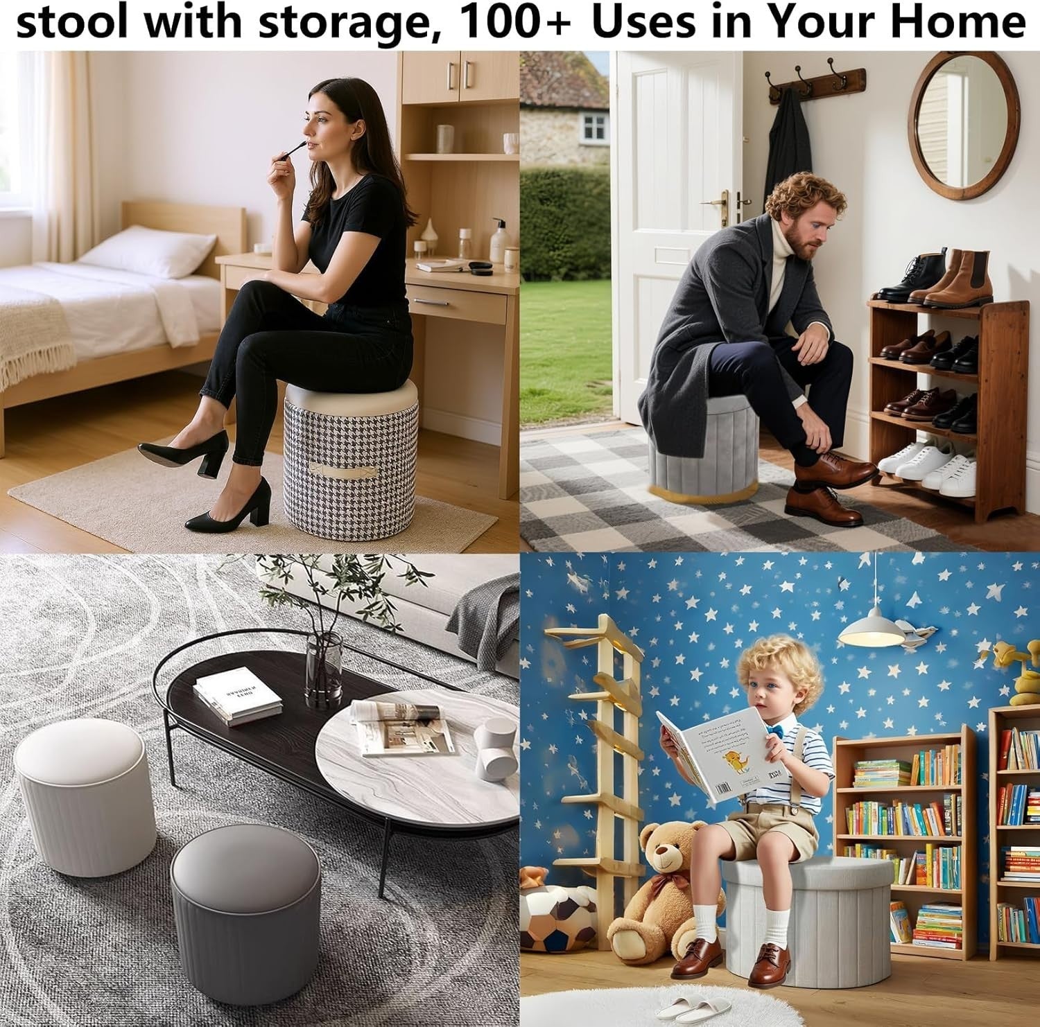 Leather Grey Vanity Stool with Storage – Compact Dressing Table Seat