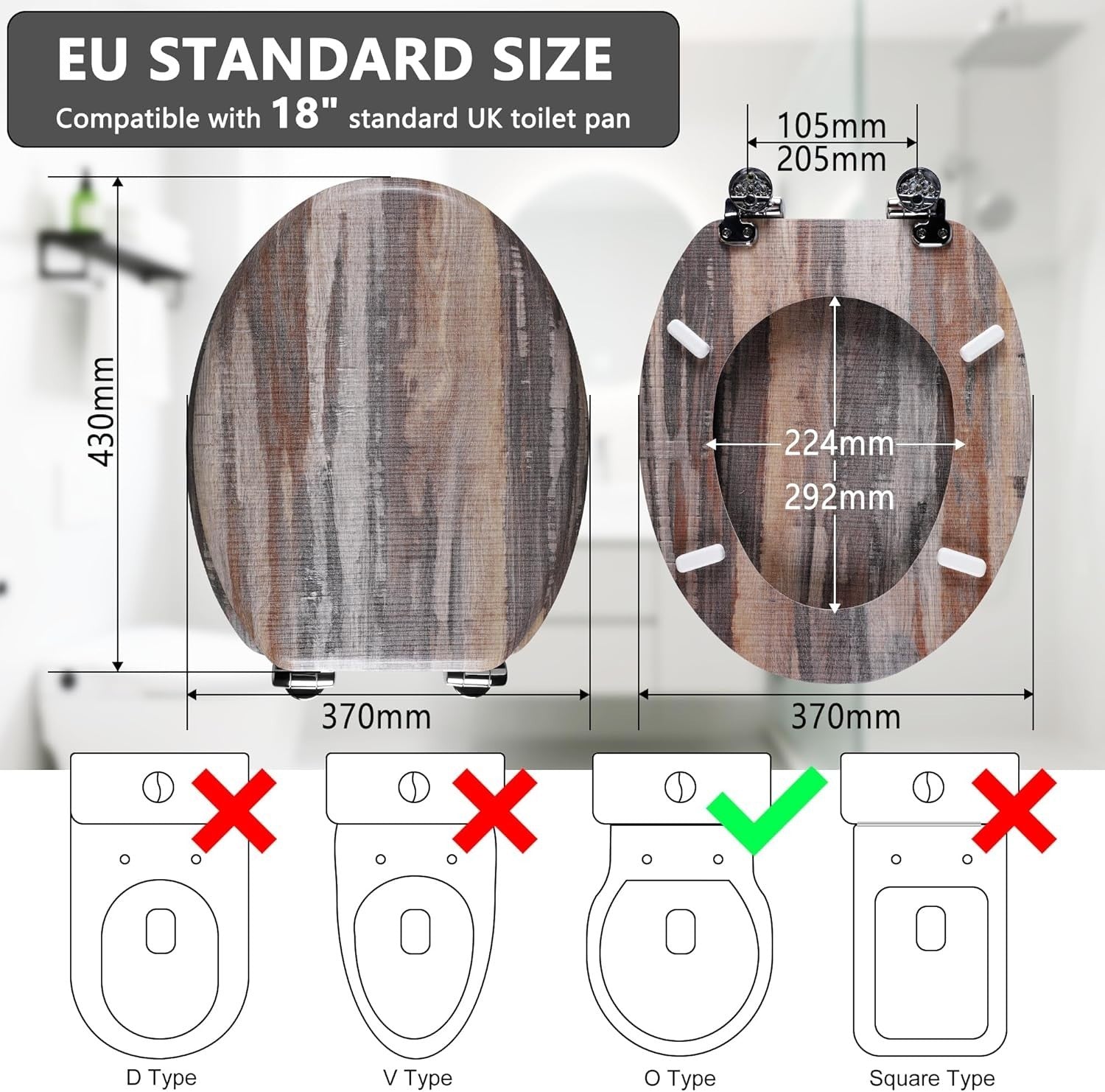 Soft Close Wooden Toilet Seat | Quick Release Adjustable Hinges 45x37cm Oval