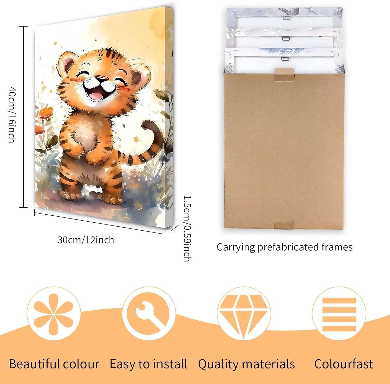 Cute Animal Canvas Wall Art Set of 3 Framed Prints 12x16 Kids Room Decor