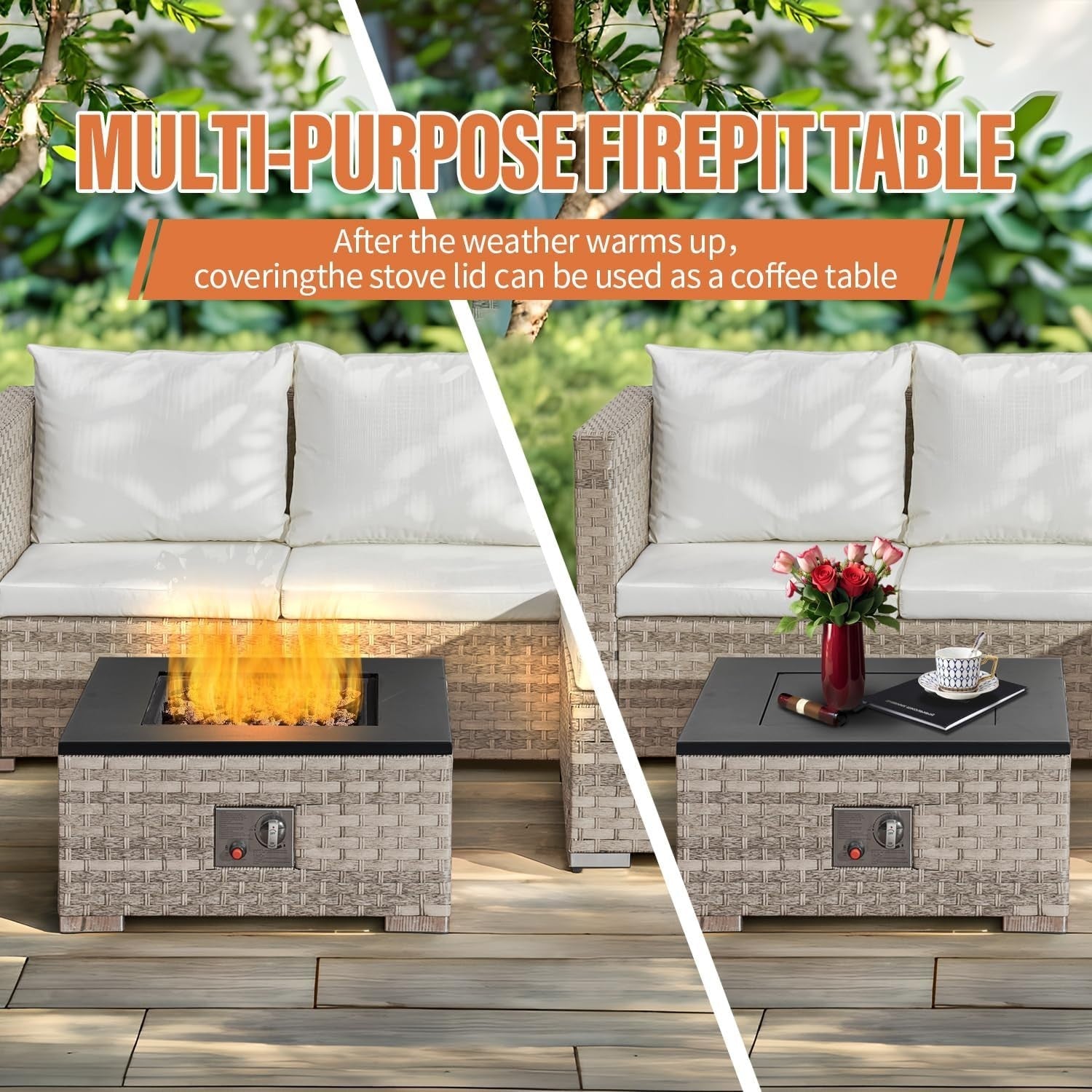 Outdoor 3-Piece Rattan Patio Fire Pit Set with Cushions & 40,000 BTU Table