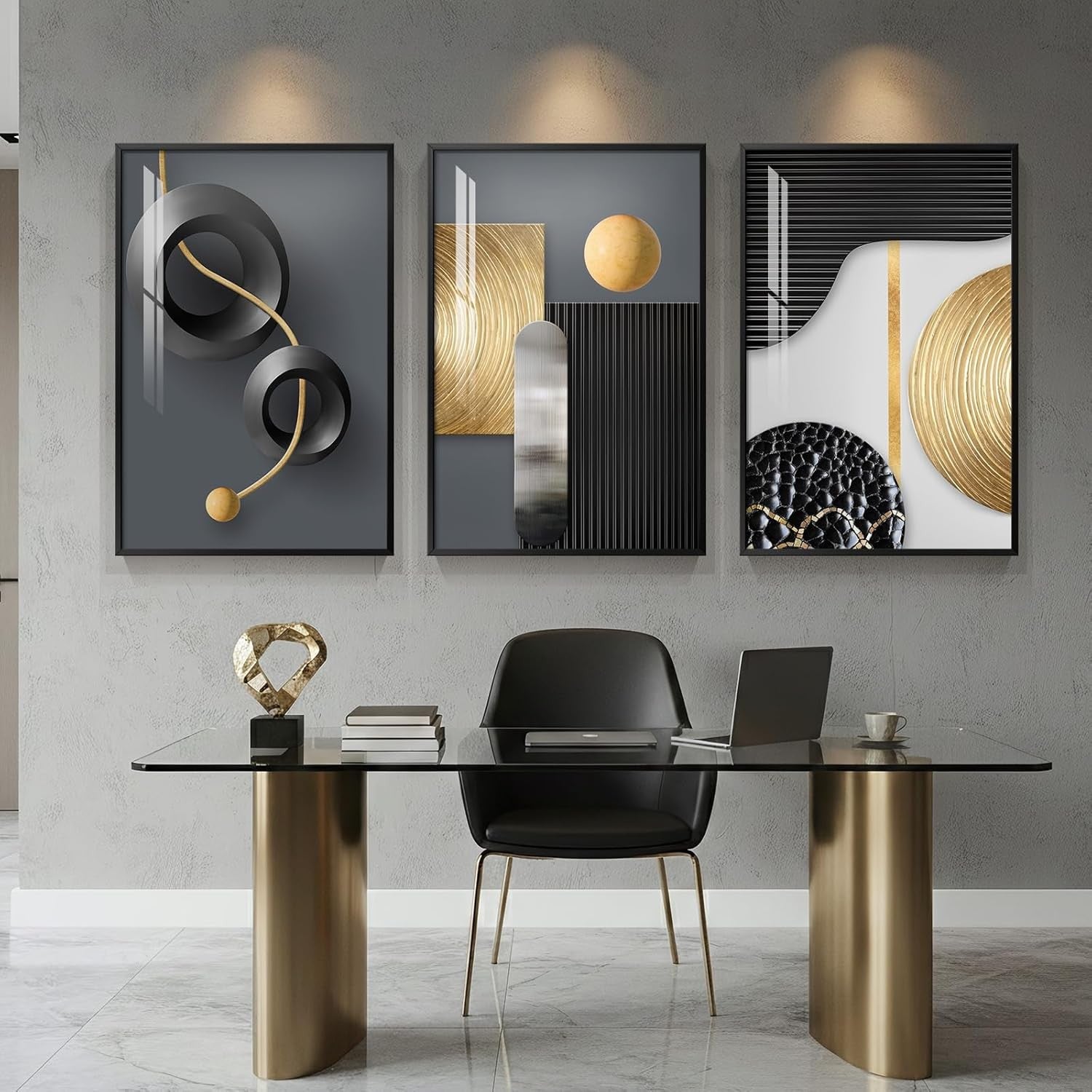 Large Framed Black Gold Abstract Wall Art 3 Panel 24x36in Set