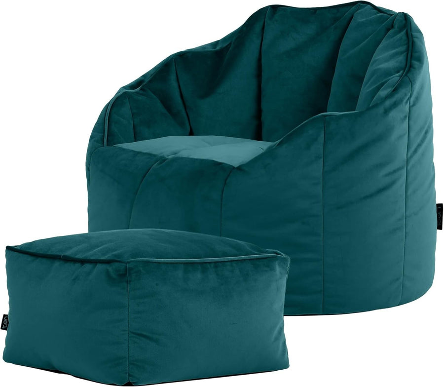 Teal Velvet Bean Bag Chair & Footstool Set Adult Lounge Sofa Seat